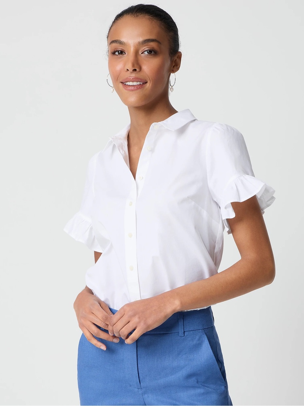 Jcrew Classic White Button-Down Ruffle Sleeve Top
